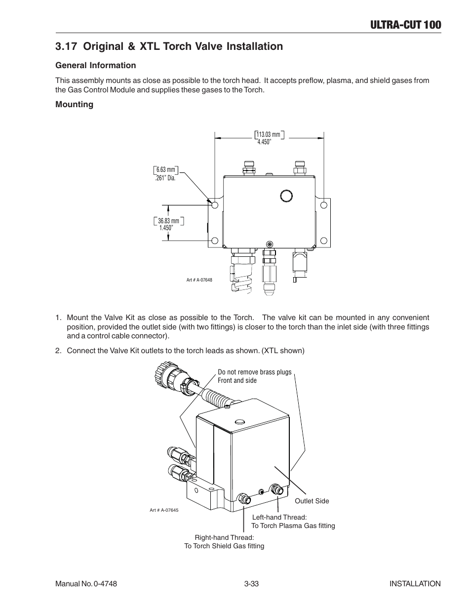 17 original & xtl torch valve installation, 17 original & xtl torch valve installation -33, Ultra-cut 100 | Tweco 100 Ultra-Cut User Manual | Page 57 / 164
