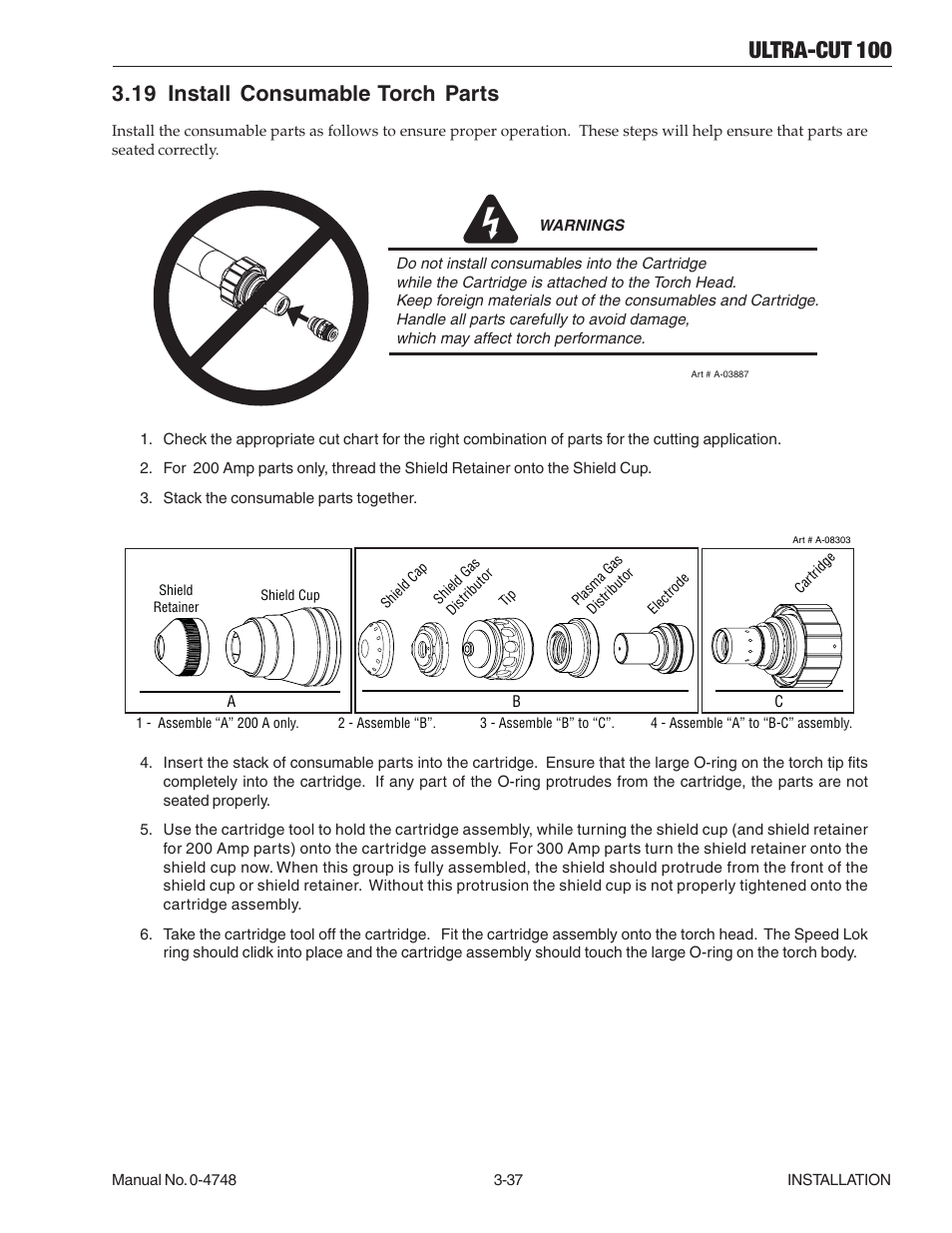 19 install consumable torch parts, 19 install consumable torch parts -37, Ultra-cut 100 | Tweco 100 Ultra-Cut User Manual | Page 61 / 164