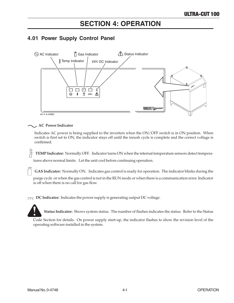 Section 4: operation, 01 power supply control panel, Section 4: operation -1 | 01 power supply control panel -1, Ultra-cut 100 | Tweco 100 Ultra-Cut User Manual | Page 67 / 164