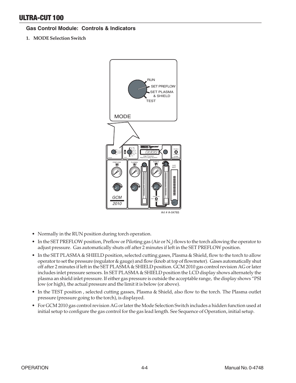Ultra-cut 100, Gas control module: controls & indicators, Mode selection switch mode | Gcm 2010 | Tweco 100 Ultra-Cut User Manual | Page 70 / 164