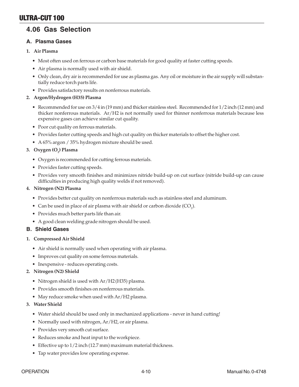 06 gas selection, 06 gas selection -10, Ultra-cut 100 | Tweco 100 Ultra-Cut User Manual | Page 76 / 164