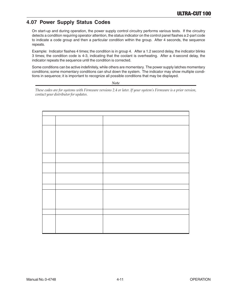 07 power supply status codes, 07 power supply status codes -11, Ultra-cut 100 | Tweco 100 Ultra-Cut User Manual | Page 77 / 164