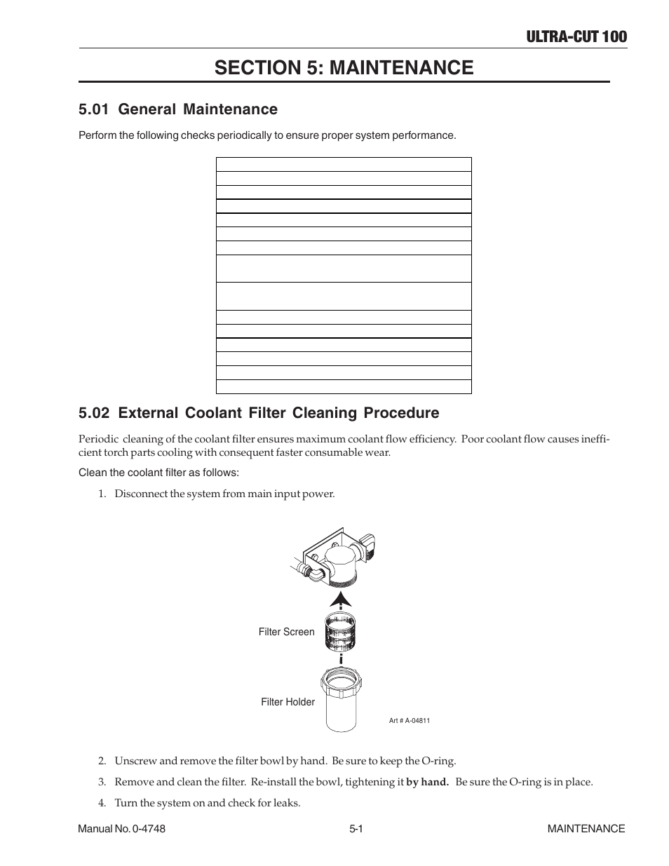 Section 5: maintenance, 01 general maintenance, 02 external coolant filter cleaning procedure | Section 5: maintenance -1, Ultra-cut 100 | Tweco 100 Ultra-Cut User Manual | Page 83 / 164