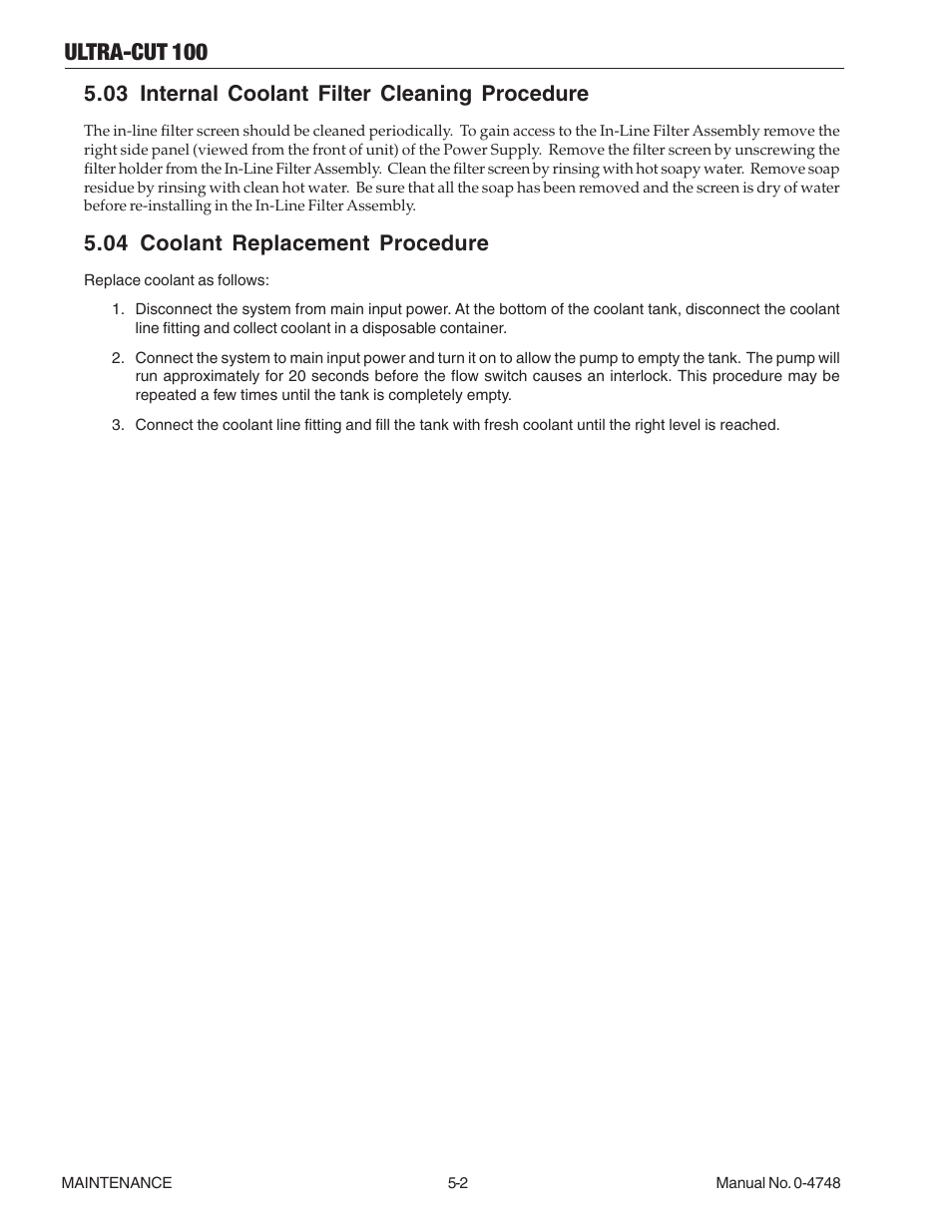 03 internal coolant filter cleaning procedure, 04 coolant replacement procedure, Ultra-cut 100 | Tweco 100 Ultra-Cut User Manual | Page 84 / 164