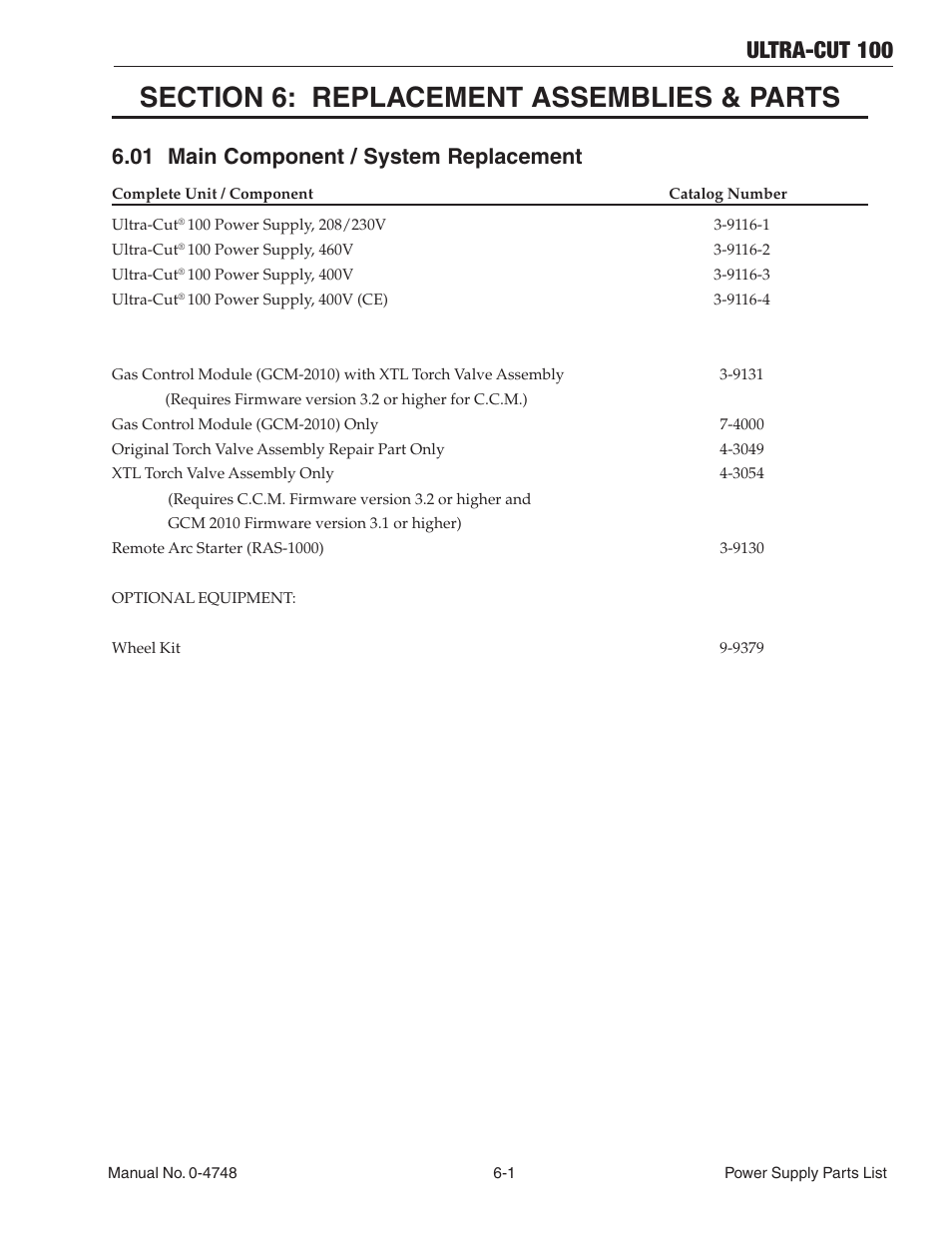 Section 6: replacement assemblies & parts, 01 main component / system replacement, Section 6: replacement assemblies & parts -1 | 01 main component / system replacement -1, Ultra-cut 100 | Tweco 100 Ultra-Cut User Manual | Page 87 / 164