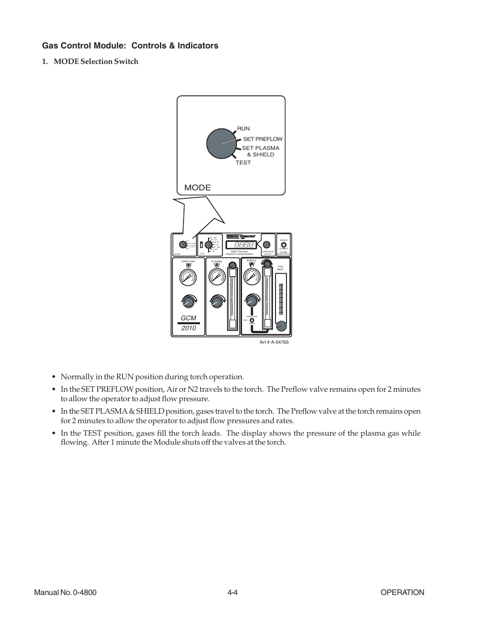 Gas control module: controls & indicators, Mode selection switch mode, Gcm 2010 | Run set preflow set plasma & shield test | Tweco 150 Ultra-Cut User Manual | Page 68 / 148