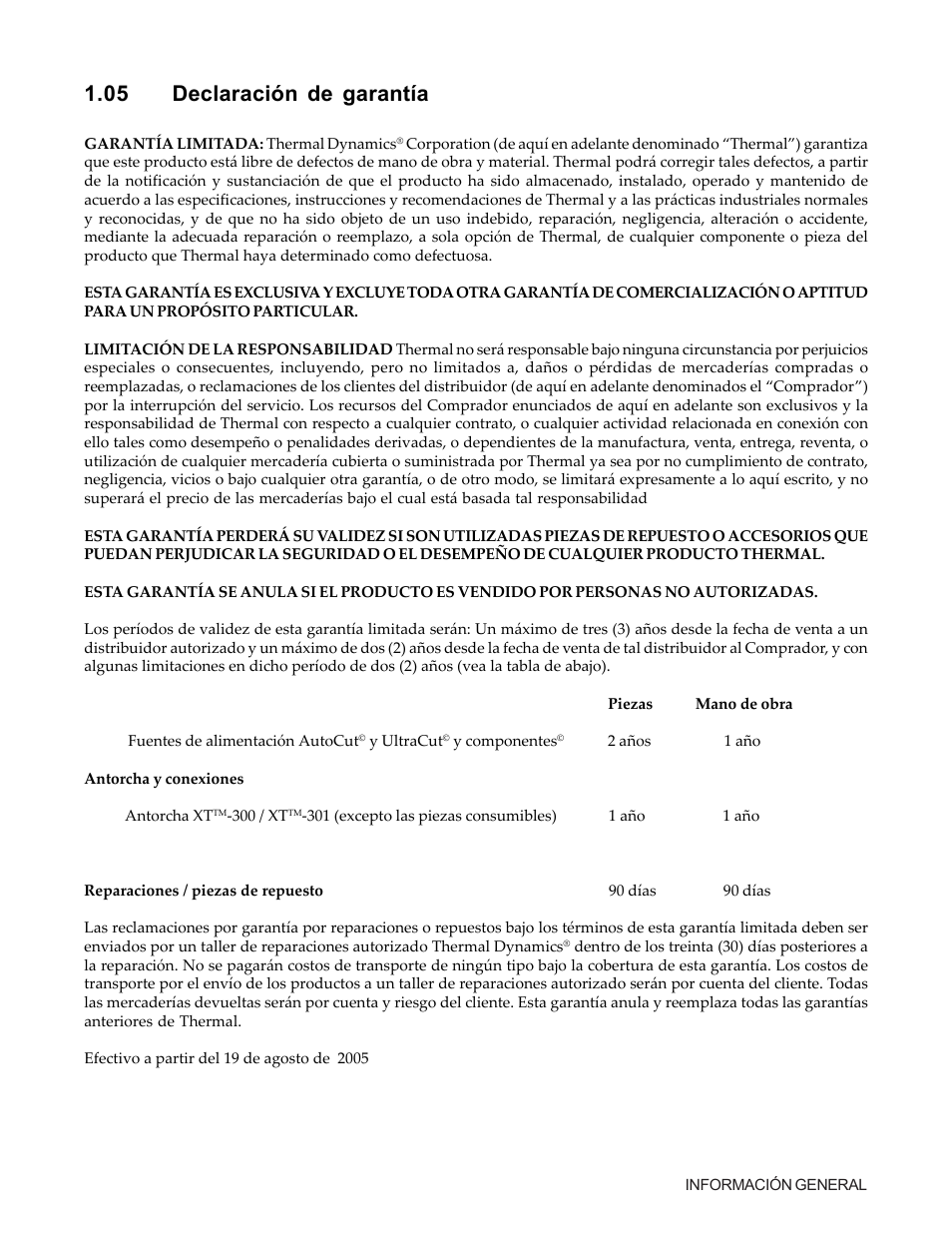 05 declaración de garantía | Tweco 150 Ultra-Cut User Manual | Page 14 / 145