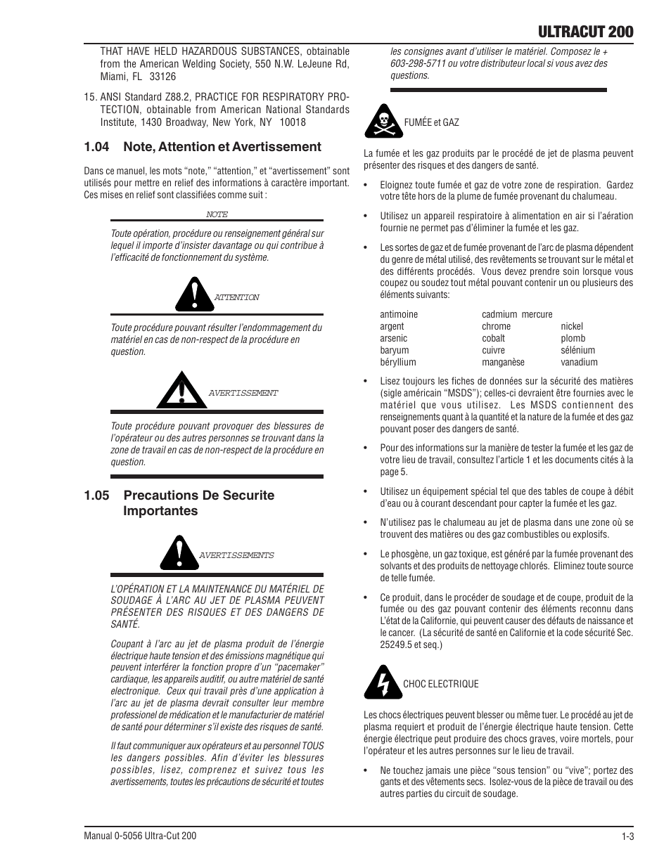 04 note, attention et avertissement, 05 precautions de securite importantes, Ultracut 200 | Tweco 200 Ultra-Cut User Manual | Page 11 / 152
