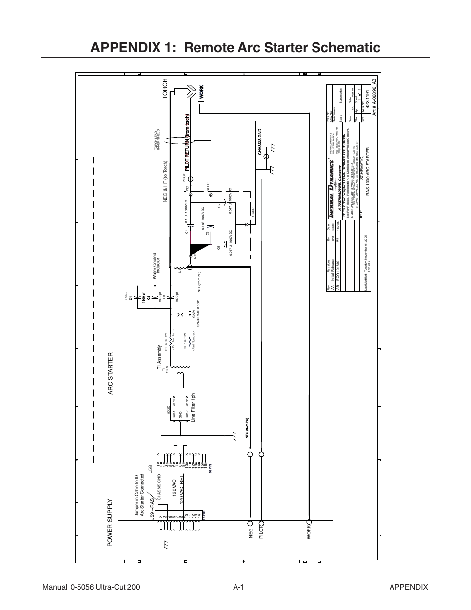 Appendix 1: remote arc starter schematic, Po wer suppl y arc st ar ter to r c h | Tweco 200 Ultra-Cut User Manual | Page 119 / 152