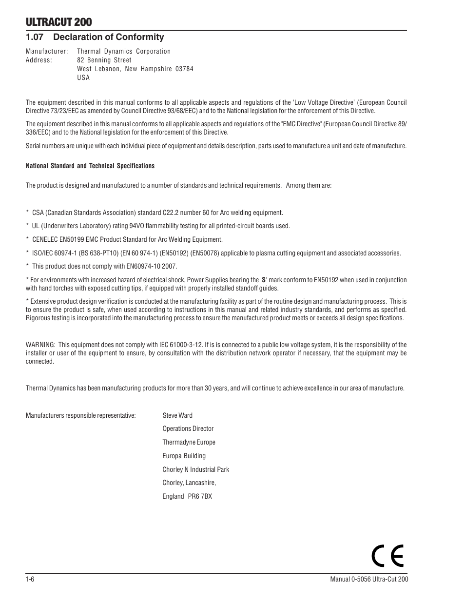 07 declaration of conformity, 07 declaration of conformity -6, Ultracut 200 | Tweco 200 Ultra-Cut User Manual | Page 14 / 152