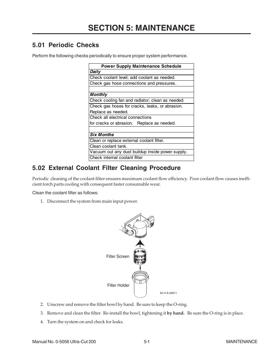 Section 5: maintenance, 01 periodic checks, 02 external coolant filter cleaning procedure | Section 5: maintenance -1 | Tweco 200 Ultra-Cut User Manual | Page 83 / 152