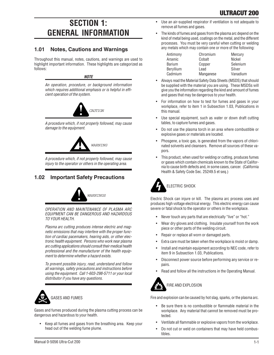 Section 1: general information, 01 notes, cautions and warnings, 02 important safety precautions | Section 1, General information -1, Ultracut 200 | Tweco 200 Ultra-Cut User Manual | Page 9 / 152