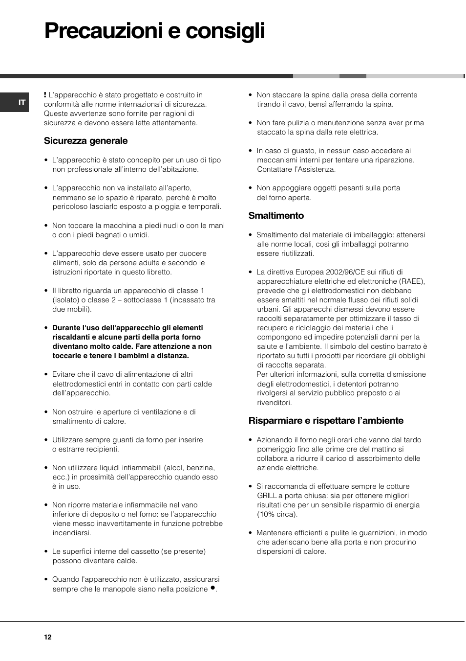 Precauzioni e consigli | Hotpoint Ariston CG 64 SG3 R/HA User Manual | Page 12 / 68