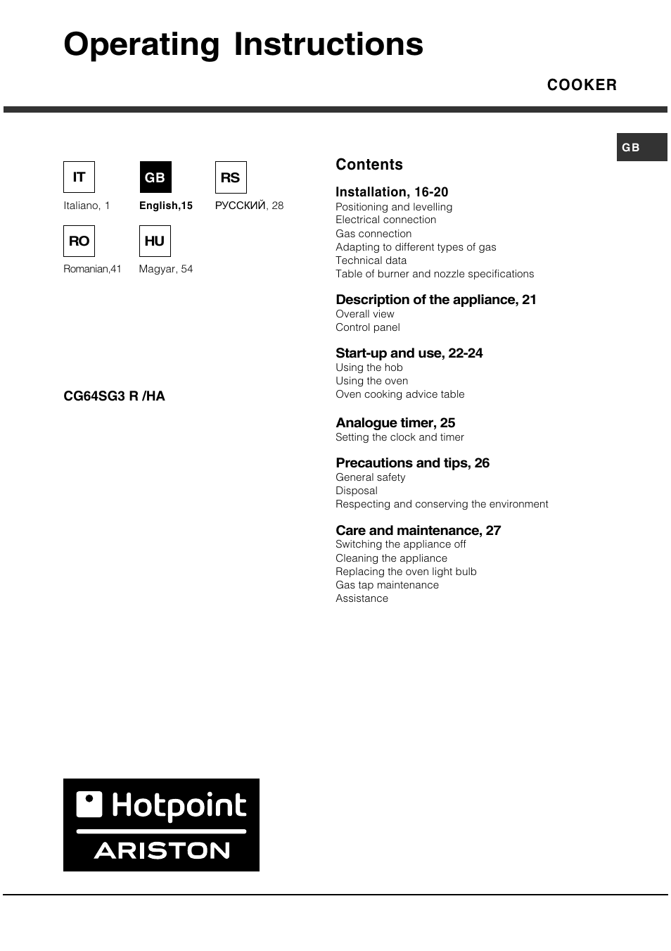 Hotpoint Ariston CG 64 SG3 R/HA User Manual | Page 15 / 68