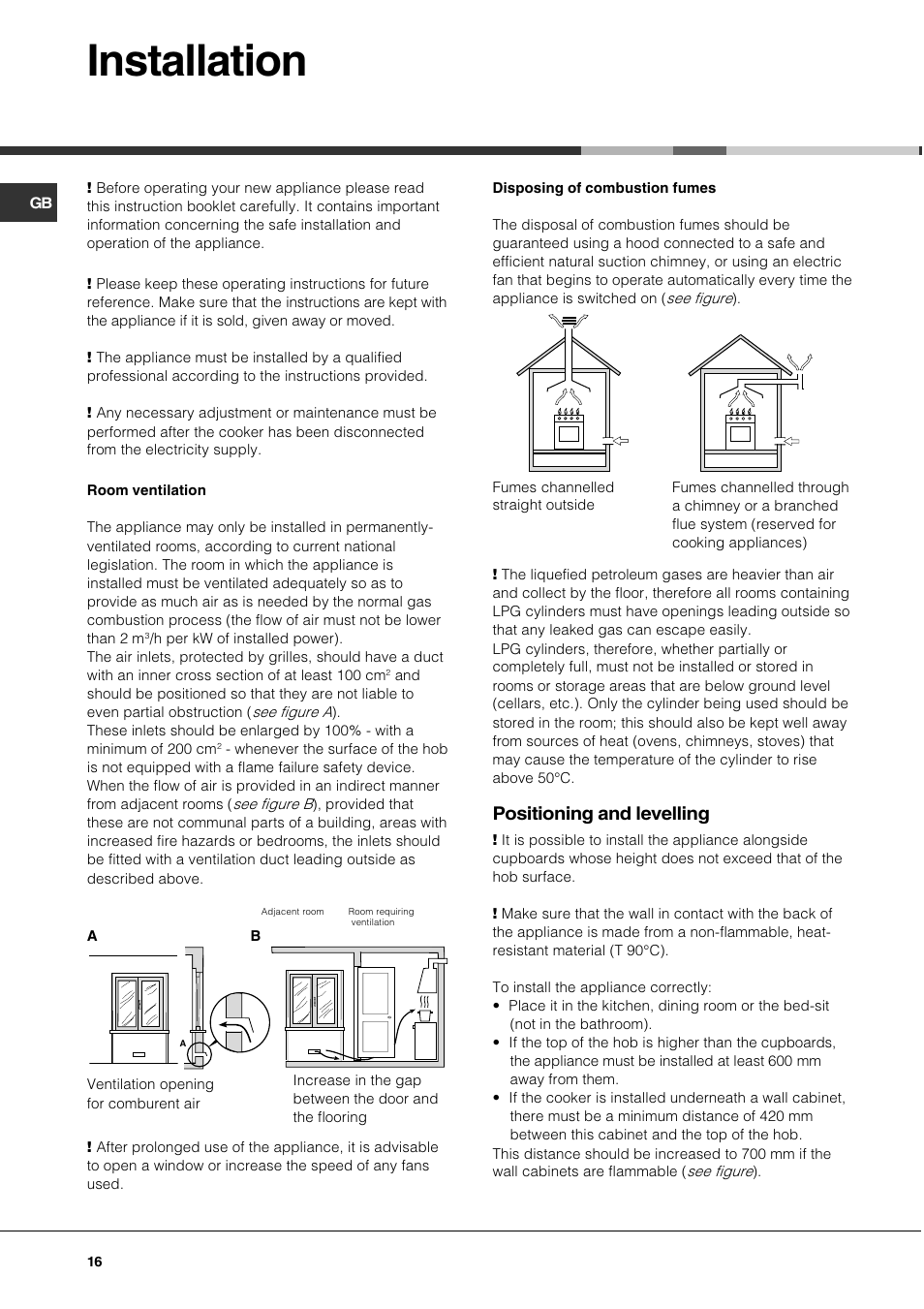 Installation, Positioning and levelling | Hotpoint Ariston CG 64 SG3 R/HA User Manual | Page 16 / 68