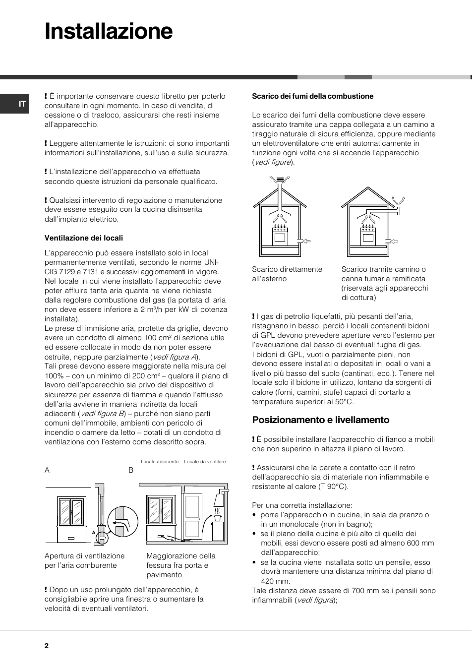 Installazione, Posizionamento e livellamento | Hotpoint Ariston CG 64 SG3 R/HA User Manual | Page 2 / 68