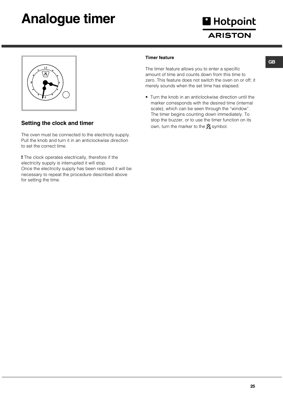 Analogue timer | Hotpoint Ariston CG 64 SG3 R/HA User Manual | Page 25 / 68