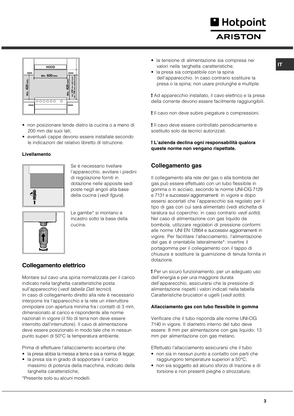 Collegamento elettrico, Collegamento gas | Hotpoint Ariston CG 64 SG3 R/HA User Manual | Page 3 / 68