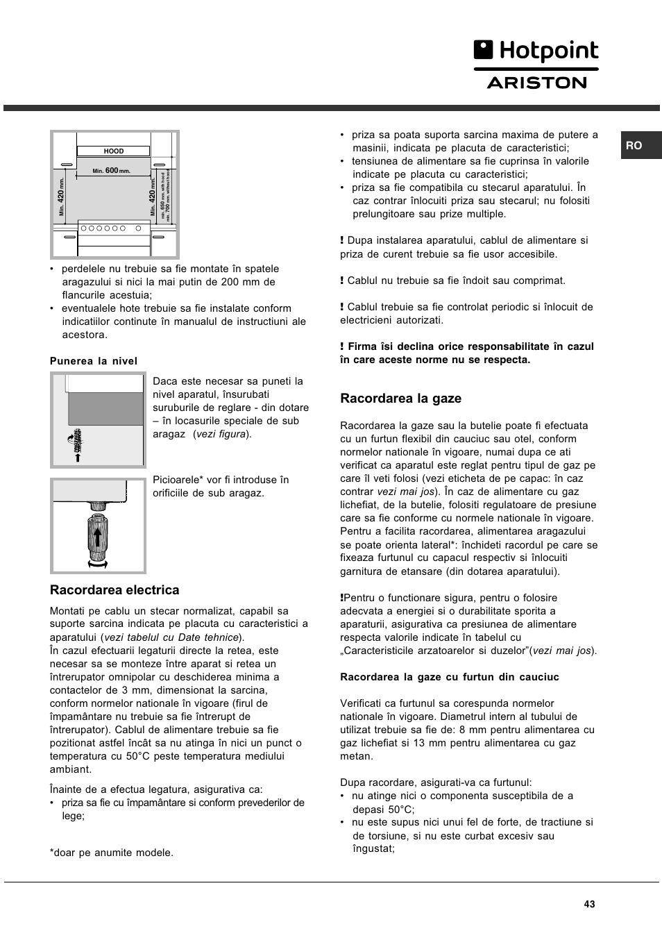 Racordarea la gaze, Racordarea electrica | Hotpoint Ariston CG 64 SG3 R/HA User Manual | Page 43 / 68