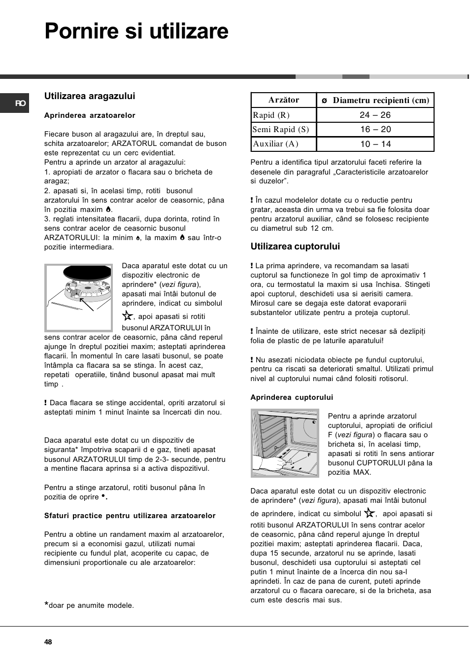 Pornire si utilizare | Hotpoint Ariston CG 64 SG3 R/HA User Manual | Page 48 / 68