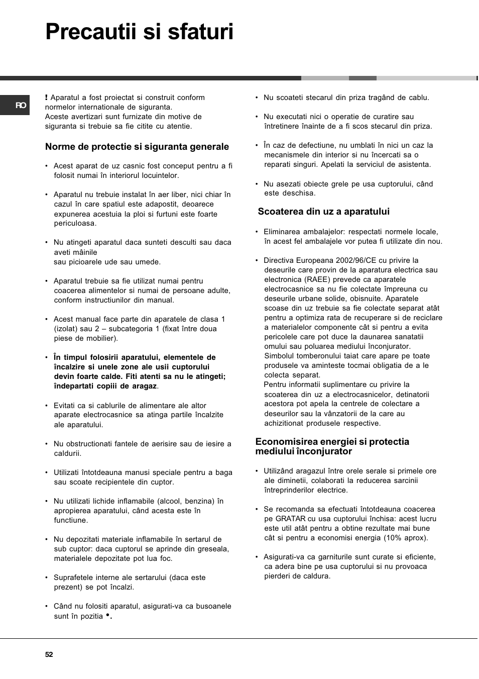 Precautii si sfaturi | Hotpoint Ariston CG 64 SG3 R/HA User Manual | Page 52 / 68