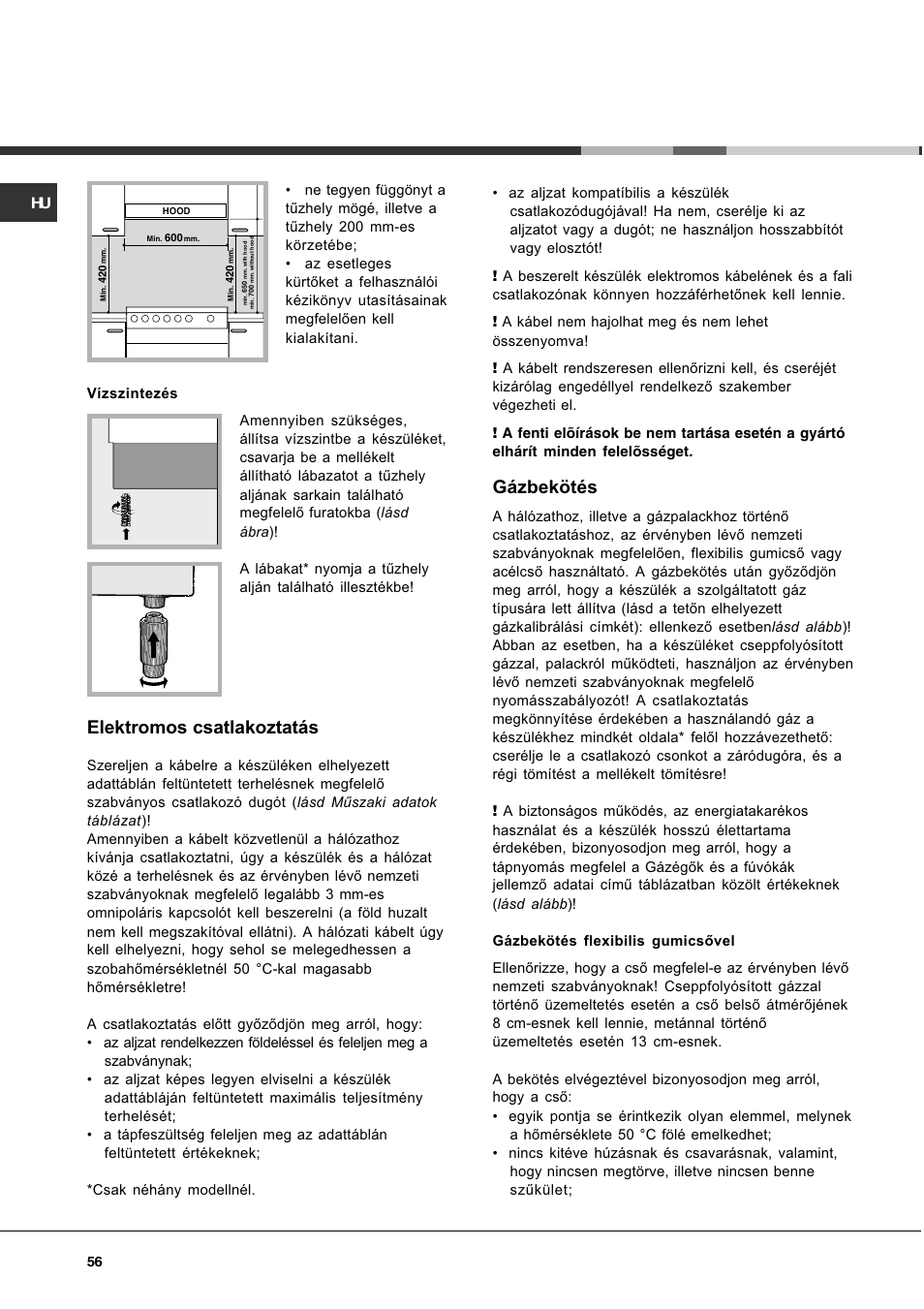 Gázbekötés, Elektromos csatlakoztatás | Hotpoint Ariston CG 64 SG3 R/HA User Manual | Page 56 / 68