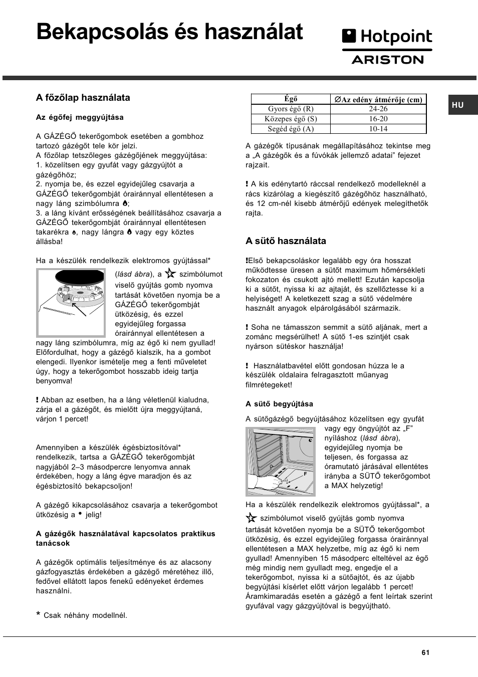 Bekapcsolás és használat | Hotpoint Ariston CG 64 SG3 R/HA User Manual | Page 61 / 68