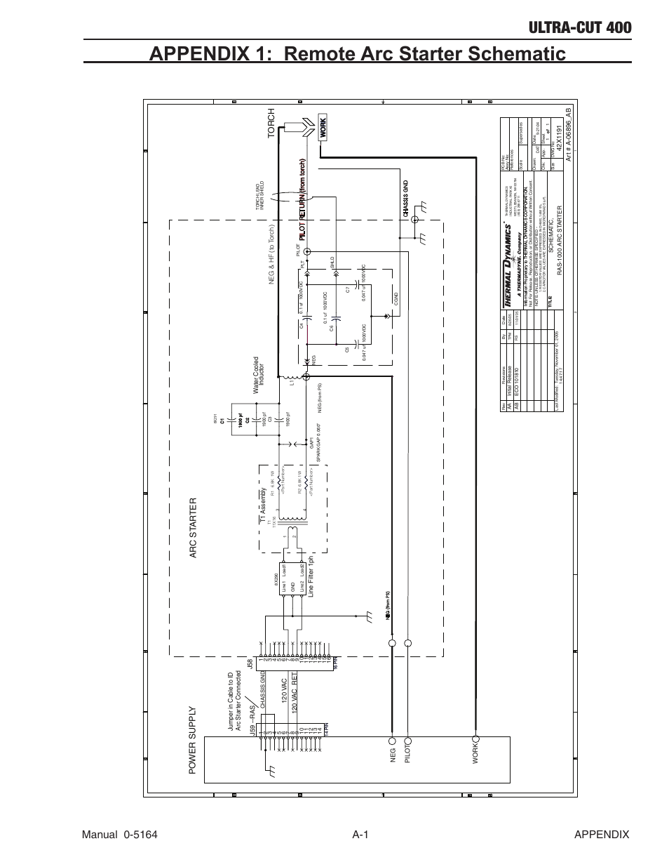 Appendix 1: remote arc starter schematic, Ultra-cut 400, Po wer suppl y arc st ar ter to rc h | Tweco 400 Ultra-Cut User Manual | Page 127 / 156