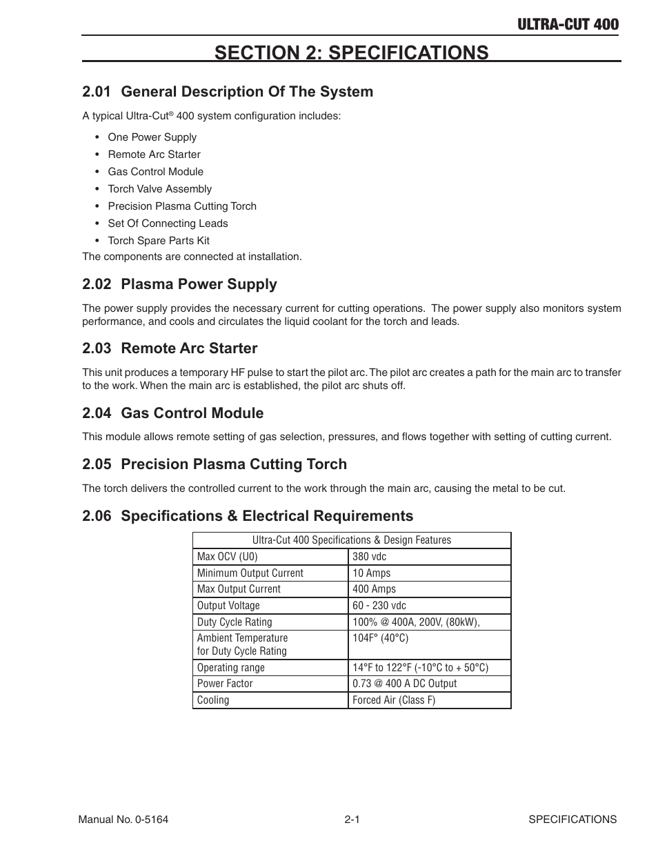 Ultra-cut 400, 01 general description of the system, 02 plasma power supply | 03 remote arc starter, 04 gas control module, 05 precision plasma cutting torch, 06 specifications & electrical requirements | Tweco 400 Ultra-Cut User Manual | Page 17 / 156