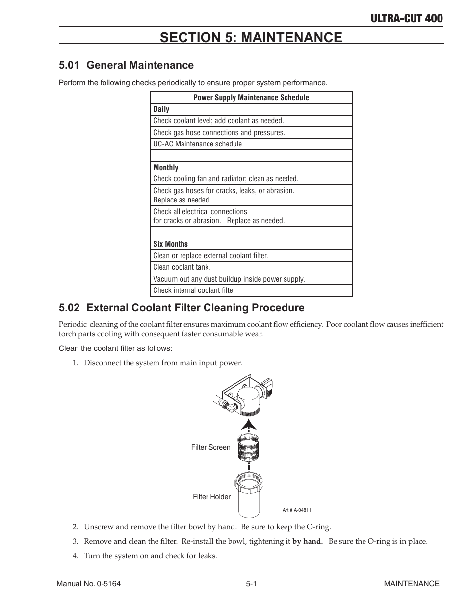 Ultra-cut 400, 01 general maintenance, 02 external coolant filter cleaning procedure | Tweco 400 Ultra-Cut User Manual | Page 91 / 156