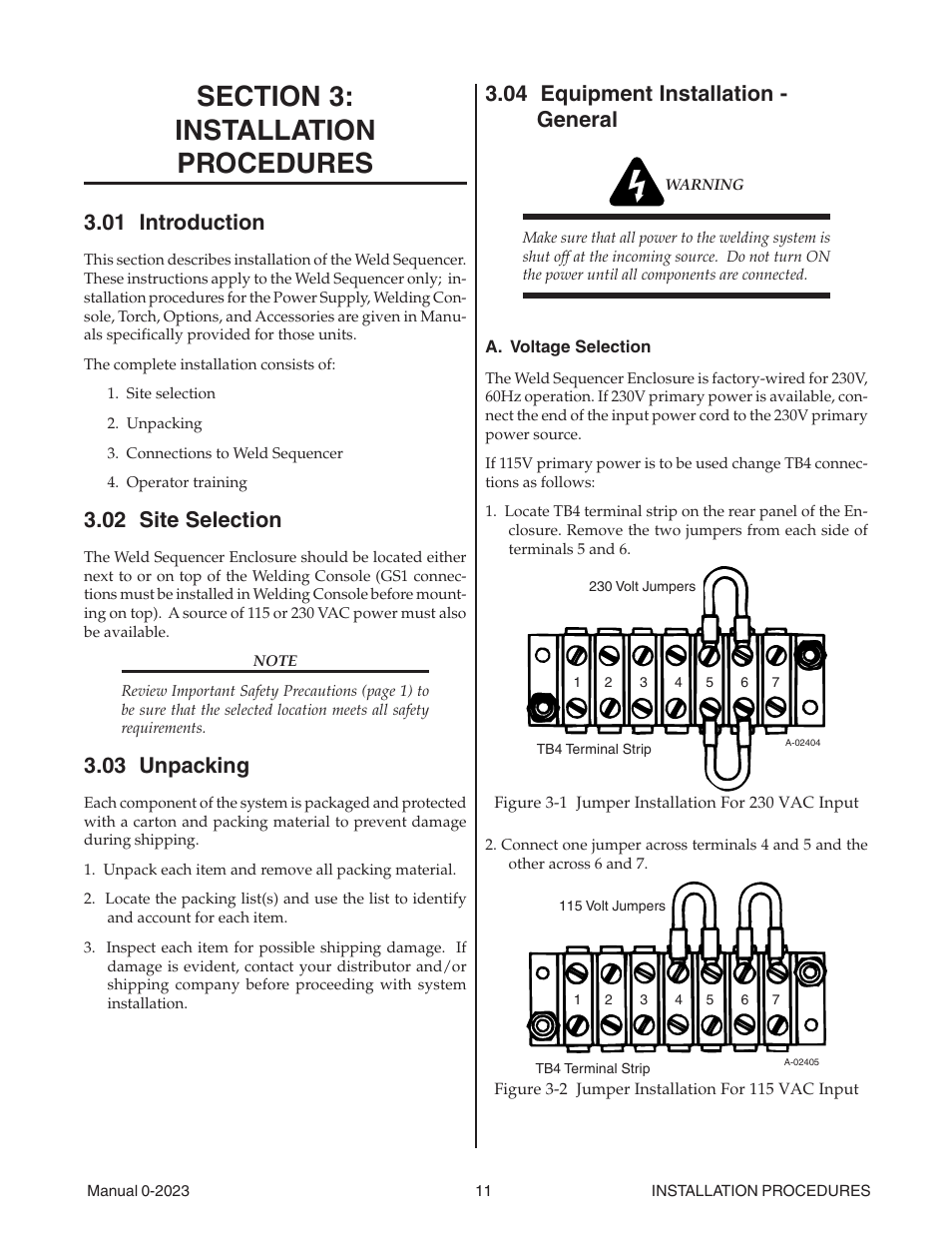 Section 3: installation procedures, 01 introduction, 02 site selection | 03 unpacking, 04 equipment installation - general, Section 3, Installation procedures | Tweco Weld Sequencer User Manual | Page 17 / 66