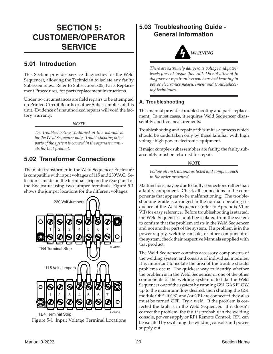 Section 5: customer/operator service, 01 introduction, 02 transformer connections | 03 troubleshooting guide - general information, Section 5, Customer/operator service | Tweco Weld Sequencer User Manual | Page 35 / 66