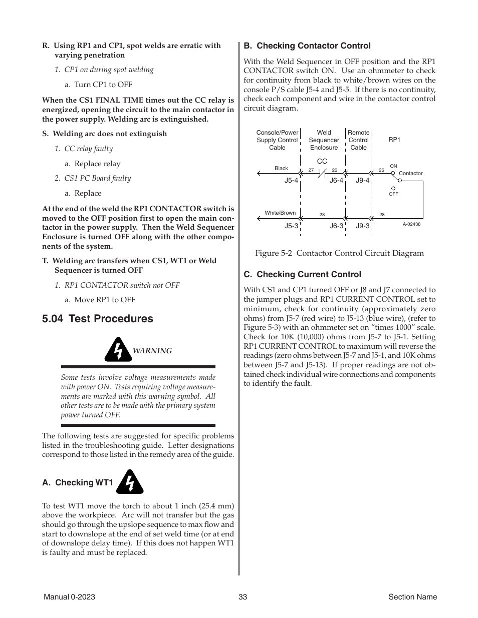 04 test procedures, A. checking wt1, B. checking contactor control | C. checking current control | Tweco Weld Sequencer User Manual | Page 39 / 66