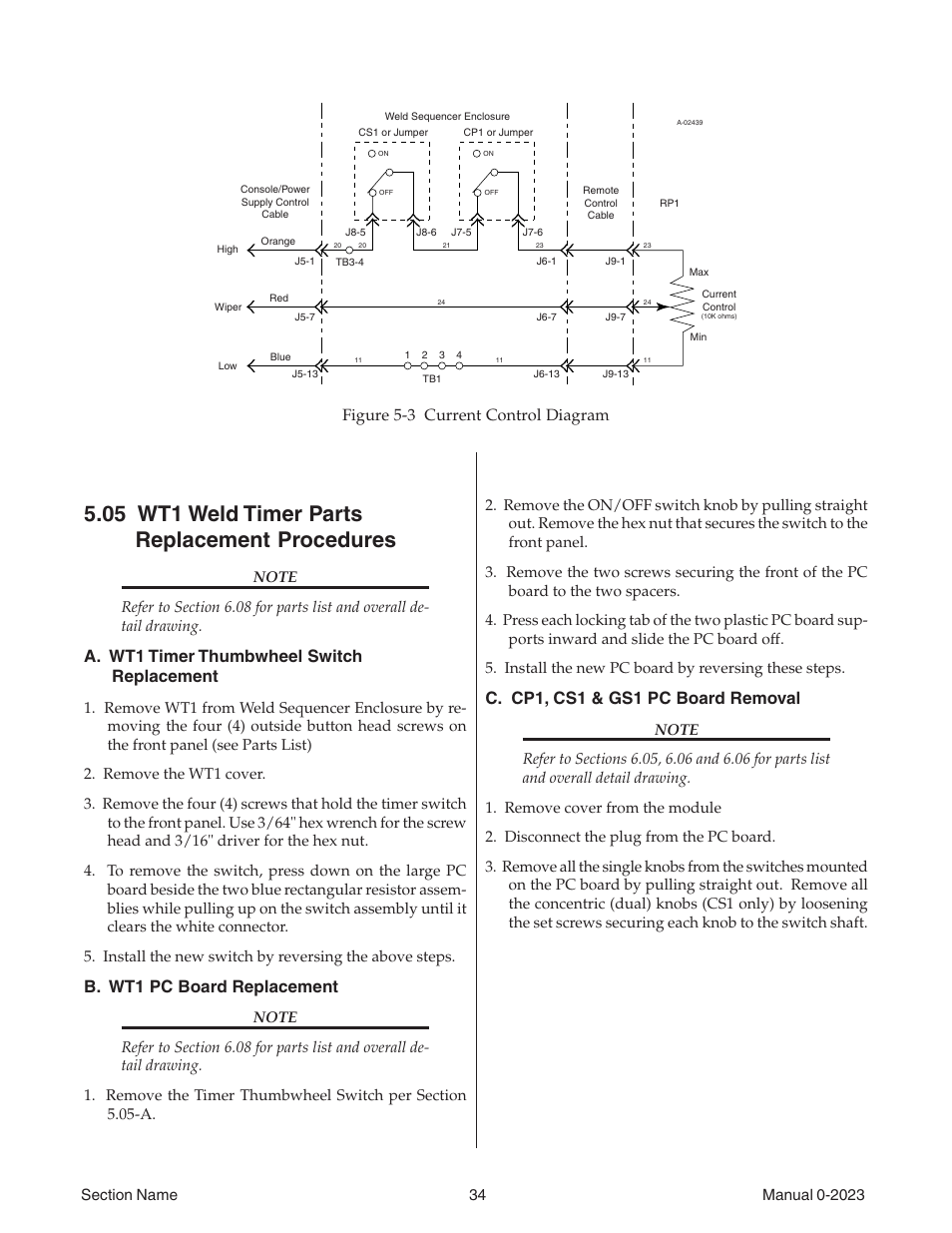 05 wt1 weld timer parts replacement procedures, A. wt1 timer thumbwheel switch replacement, B. wt1 pc board replacement | C. cp1, cs1 & gs1 pc board removal, Figure 5-3 current control diagram | Tweco Weld Sequencer User Manual | Page 40 / 66