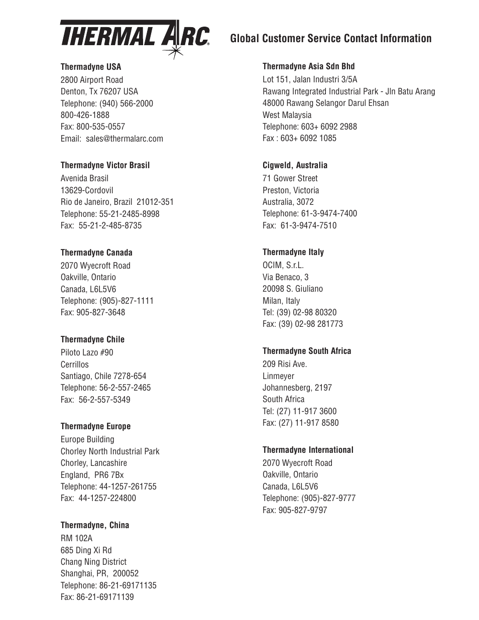 Global customer service contact information | Tweco Weld Sequencer User Manual | Page 65 / 66