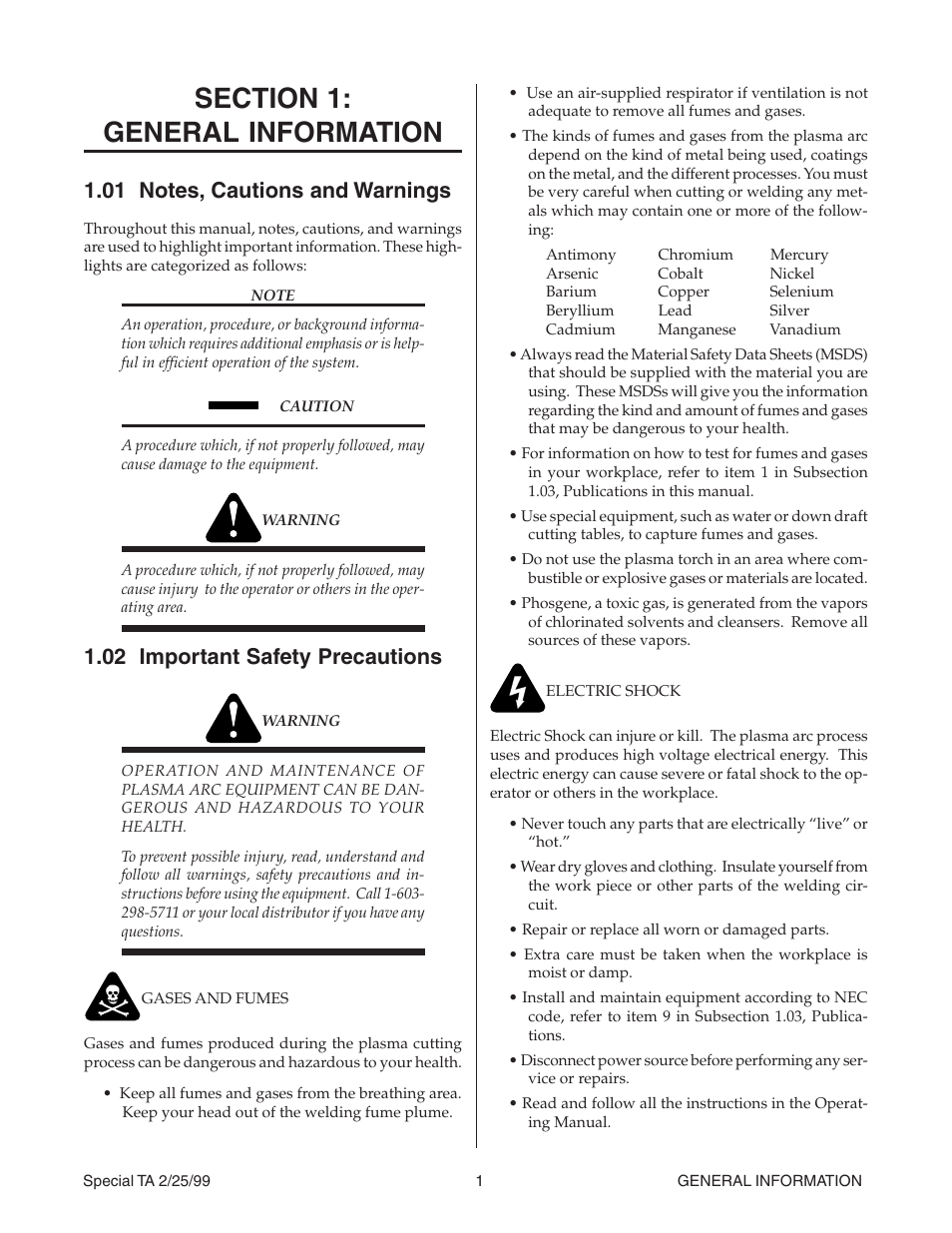 Section 1: general information, 01 notes, cautions and warnings, 02 important safety precautions | Section 1, General information | Tweco Weld Sequencer User Manual | Page 7 / 66