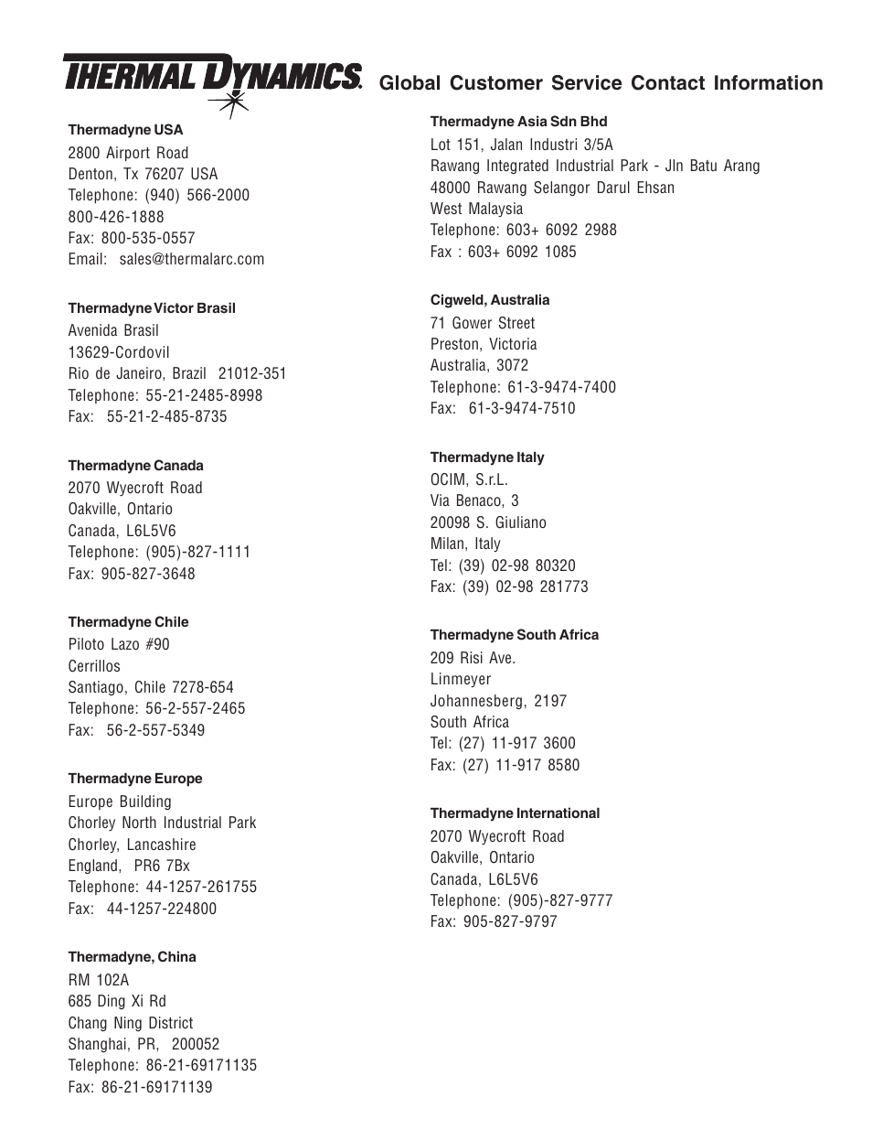 Global customer service contact information | Tweco XTTM-301 User Manual | Page 91 / 92