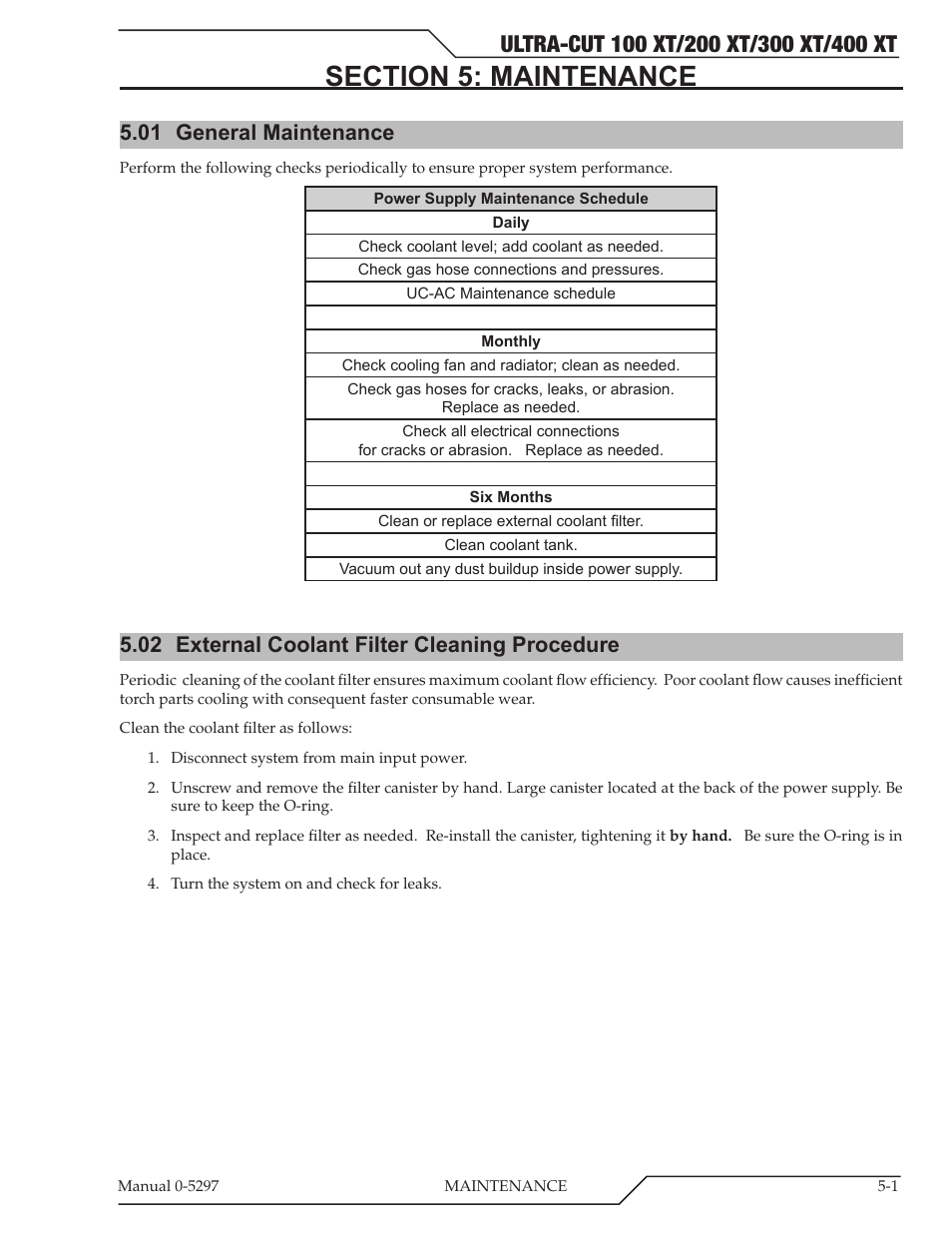 Section 5: maintenance, 01 general maintenance, 02 external coolant filter cleaning procedure | Tweco 400 Ultra-Cut XT Plasma Cutting System User Manual | Page 109 / 232