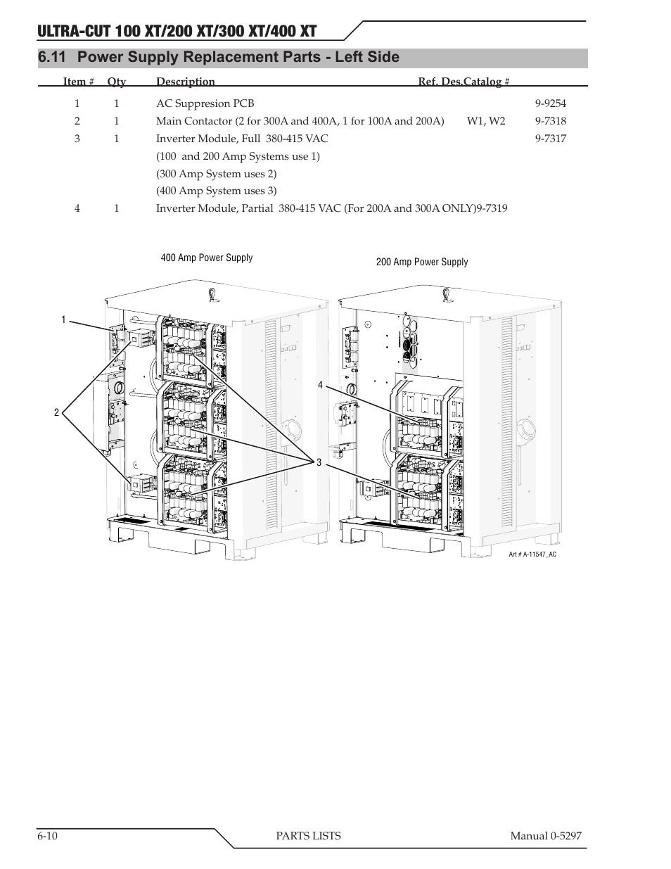 11 power supply replacement parts - left side | Tweco 400 Ultra-Cut XT Plasma Cutting System User Manual | Page 120 / 232