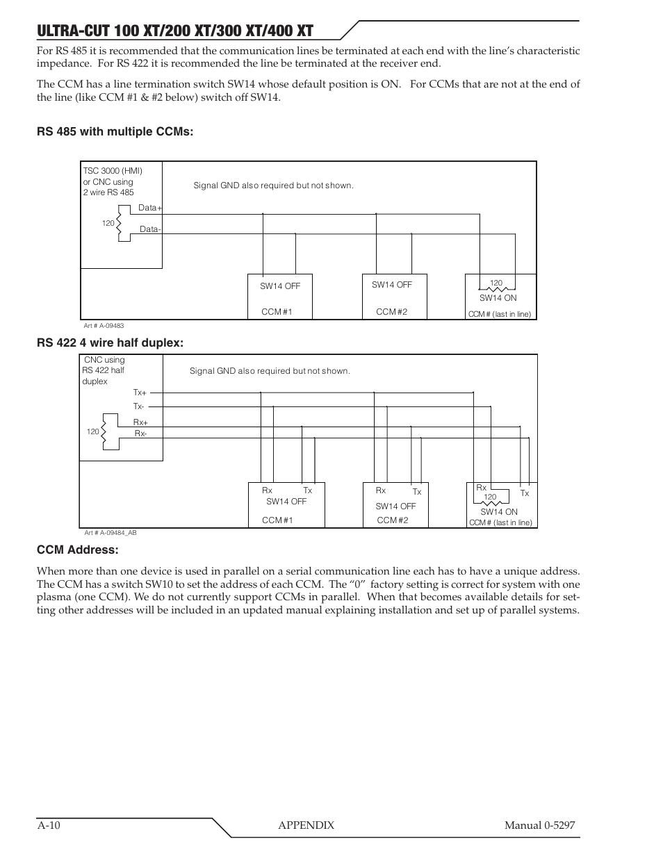 Rs 485 with multiple ccms, Rs 422 4 wire half duplex, Ccm address | Tweco 400 Ultra-Cut XT Plasma Cutting System User Manual | Page 144 / 232