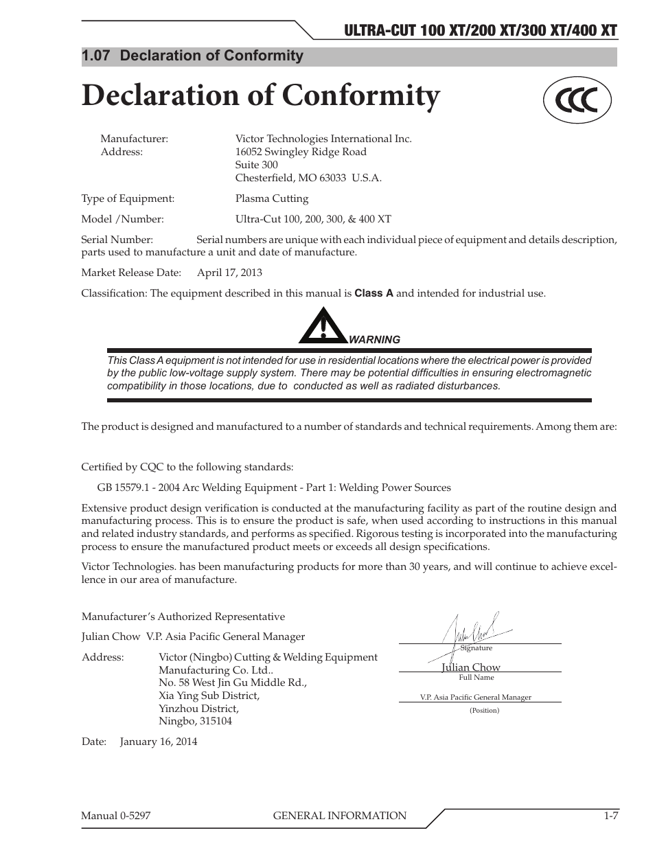 07 declaration of conformity, Declaration of conformity | Tweco 400 Ultra-Cut XT Plasma Cutting System User Manual | Page 15 / 232