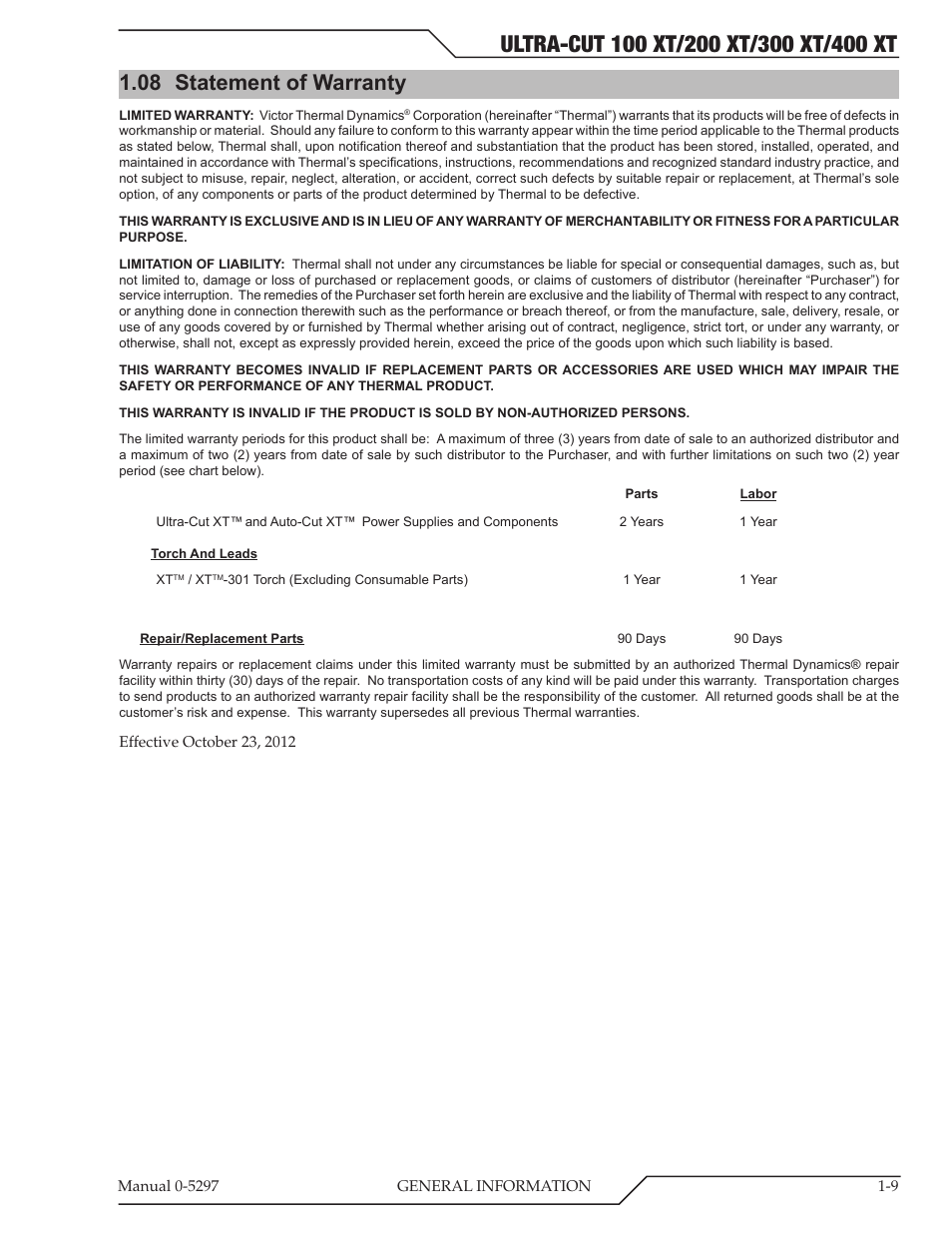 08 statement of warranty | Tweco 400 Ultra-Cut XT Plasma Cutting System User Manual | Page 17 / 232