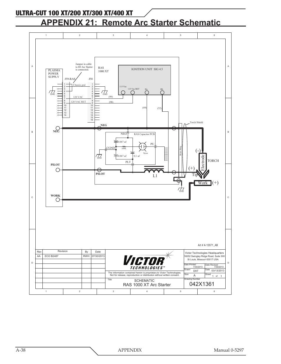 Appendix 21: remote arc starter schematic, Ras 1000 xt arc starter, Work tip ele ct ro de | Tweco 400 Ultra-Cut XT Plasma Cutting System User Manual | Page 172 / 232