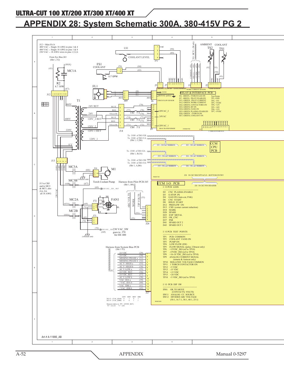 Appendix 28: system schematic 300a, 380-415v pg 2, Ccm cpu pcb ccm i-o pcb, Mc3a mc3b | Mc2a mc2b ts1, W2 w1, Mc1a r2, Fan1 | Tweco 400 Ultra-Cut XT Plasma Cutting System User Manual | Page 186 / 232