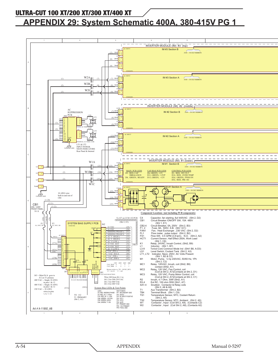 Appendix 29: system schematic 400a, 380-415v pg 1, Work tip ele ct rod e, Hct1 | W1a w1b w1c, W2a w2b w2c | Tweco 400 Ultra-Cut XT Plasma Cutting System User Manual | Page 188 / 232