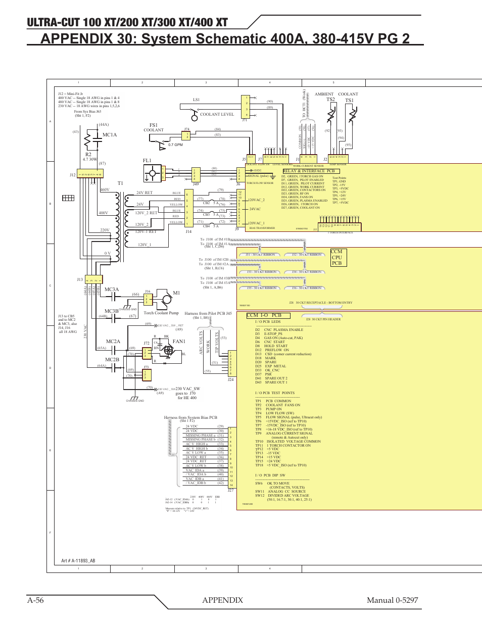 Appendix 30: system schematic 400a, 380-415v pg 2, Ccm cpu pcb ccm i-o pcb, Mc3a mc3b | Mc2a mc2b ts1, W2 w1, Mc1a r2, Fan1 | Tweco 400 Ultra-Cut XT Plasma Cutting System User Manual | Page 190 / 232