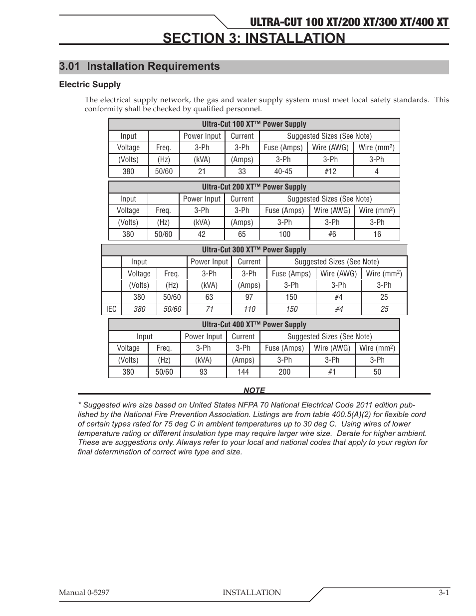 Section 3: installation, 01 installation requirements | Tweco 400 Ultra-Cut XT Plasma Cutting System User Manual | Page 29 / 232