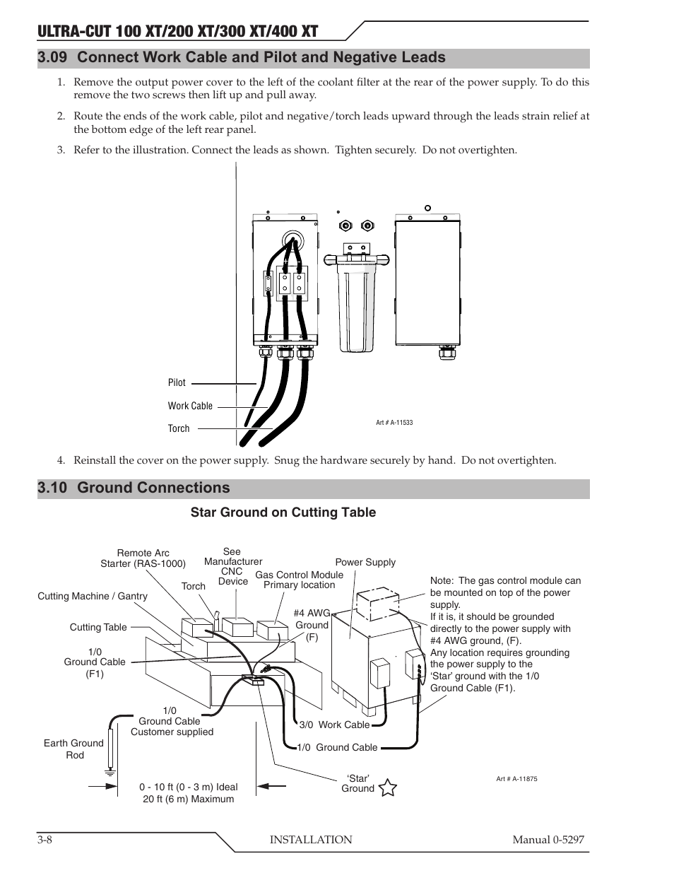 09 connect work cable and pilot and negative leads, 10 ground connections, Star ground on cutting table | Tweco 400 Ultra-Cut XT Plasma Cutting System User Manual | Page 36 / 232