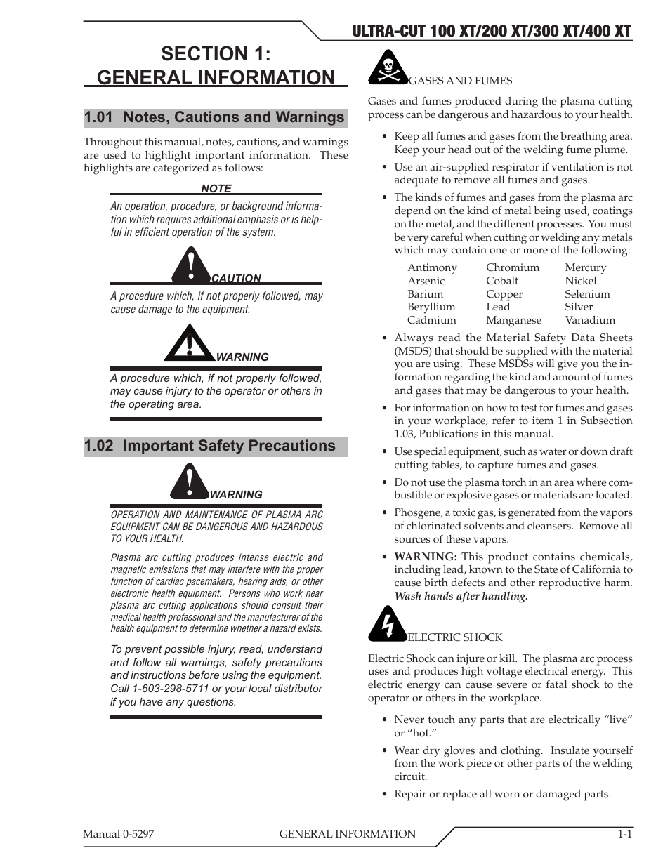 Section 1: general information, 01 notes, cautions and warnings, 02 important safety precautions | Tweco 400 Ultra-Cut XT Plasma Cutting System User Manual | Page 9 / 232
