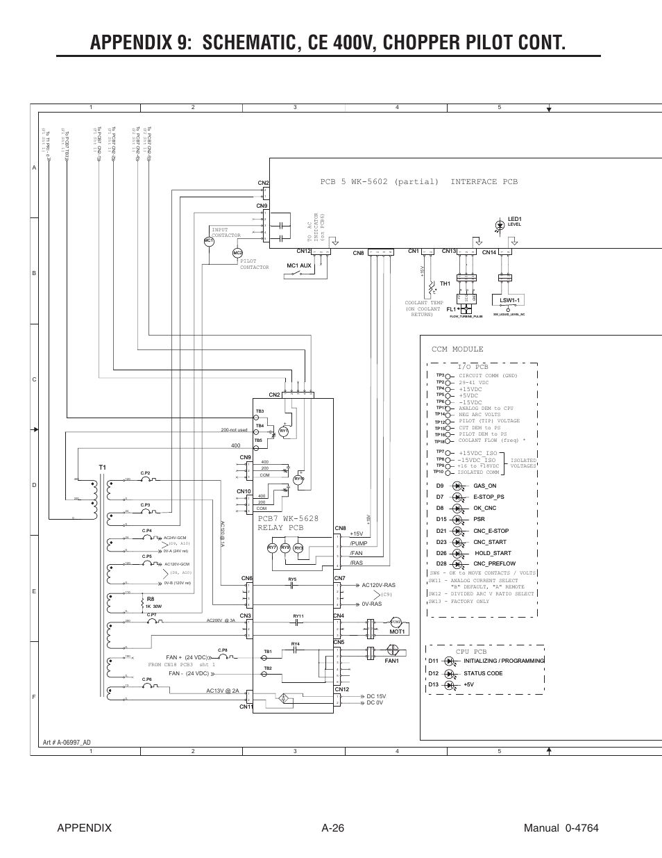 Appendix 9: schematic, ce 400v, chopper pilot cont, Thermal dynamics, Ccm module | I/o pcb cpu pcb | Tweco 100 Auto-Cut User Manual | Page 134 / 148